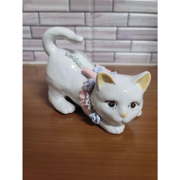White Porcelain Ceramic Cat with Sculpted Blue Roses/ Pink Bow/ Circa 1960 #A41 - Picture 2 of 8